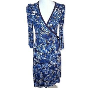 MS. MODE BLUE, WHITE, & BLACK WRAP DRESS SZ.M EUC
